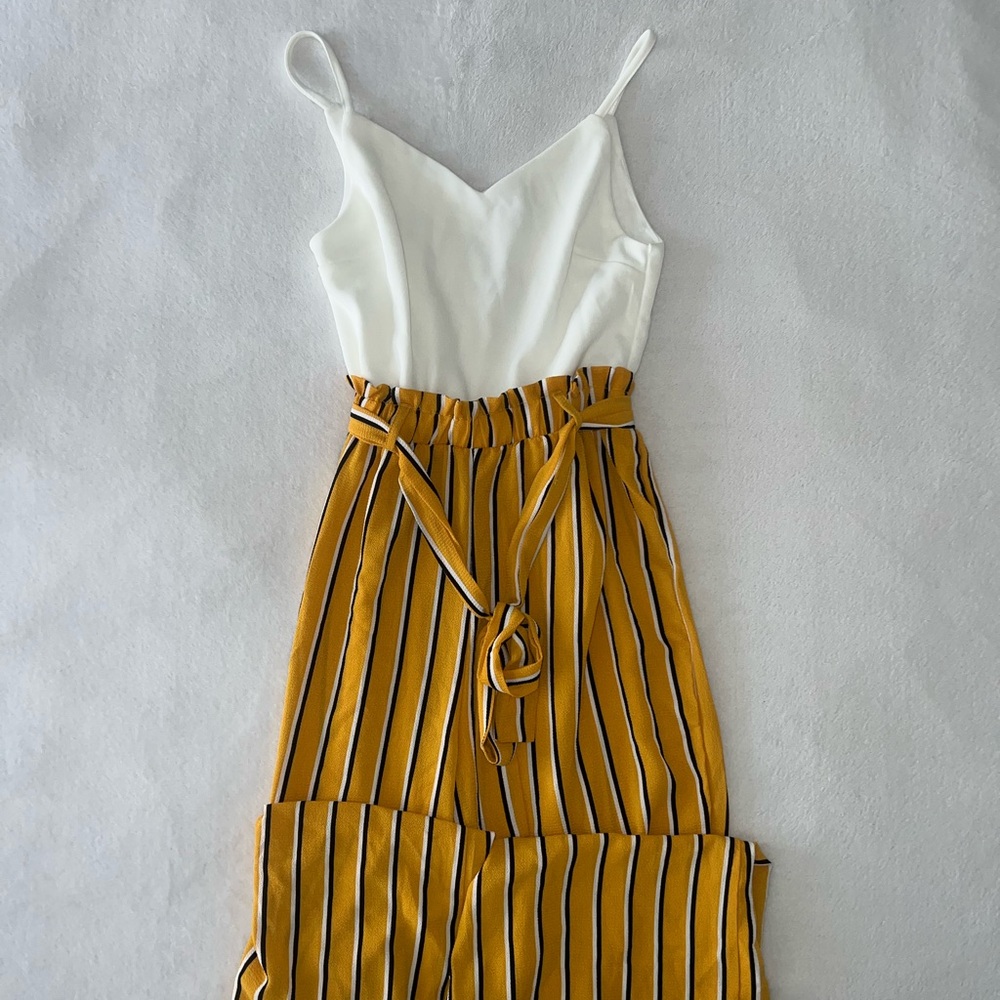 Francesca's Collections White and Mustard Striped Jumpsuit